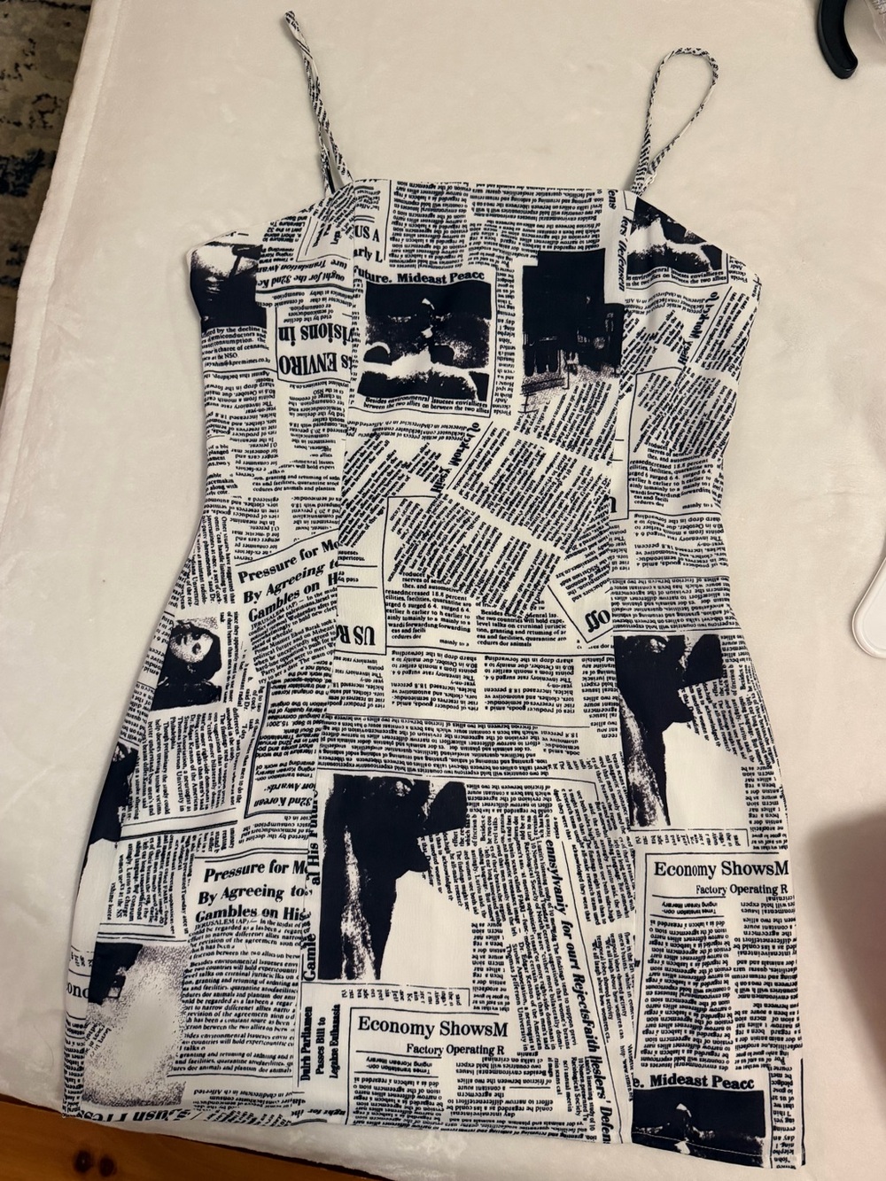 Superdown Black & White Newspaper Print Spaghetti Strap Mini Dress